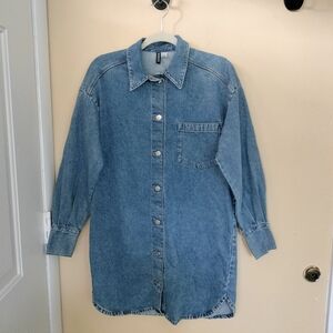 DIVIDED Medium wash button up denim shirt dress S missing belt Boho Western